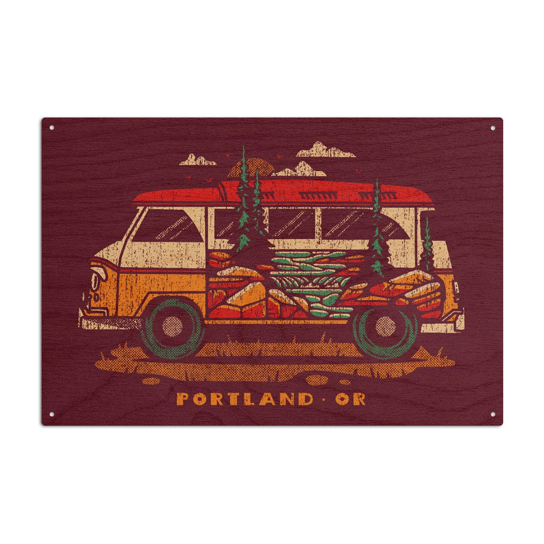 Portland, Oregon, LP Camper Van, Distressed Vector, Lantern Press Artwork, Wood Signs and Postcards Wood Lantern Press 10 x 15 Wood Sign 