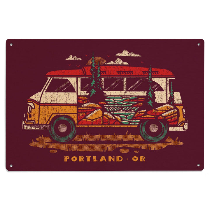 Portland, Oregon, LP Camper Van, Distressed Vector, Lantern Press Artwork, Wood Signs and Postcards Wood Lantern Press 