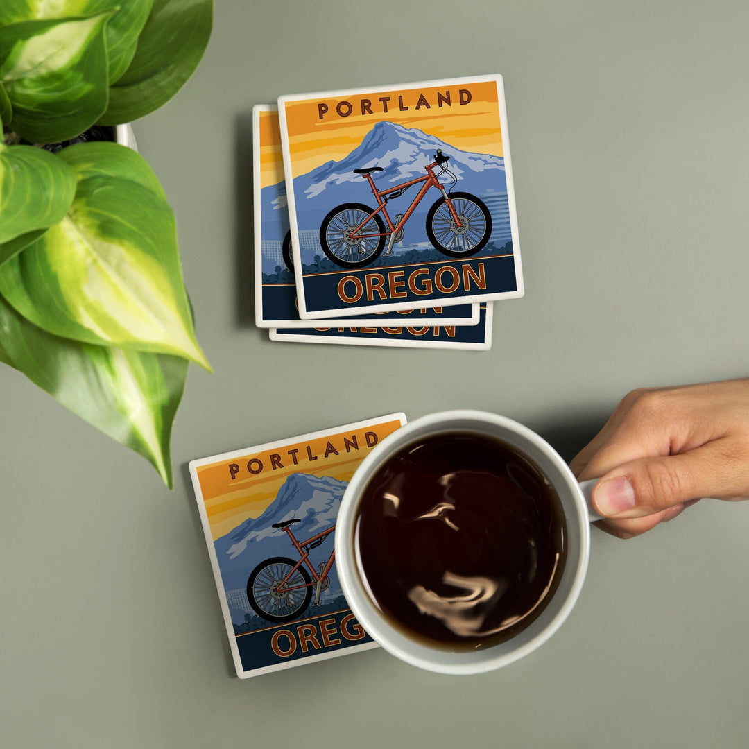 Portland, Oregon, Mountain Bike, Lantern Press Artwork, Coaster Set Coasters Lantern Press 