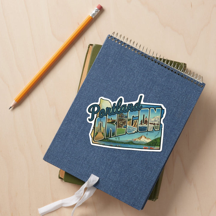 Portland, Oregon, Oregon Greetings Large Letters, Contour, Vintage Artwork, Vinyl Sticker Sticker Lantern Press 