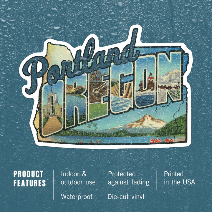 Portland, Oregon, Oregon Greetings Large Letters, Contour, Vintage Artwork, Vinyl Sticker Sticker Lantern Press 