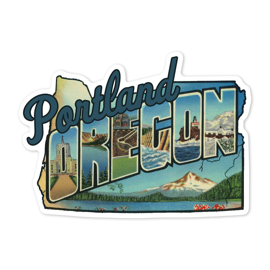 Portland, Oregon, Oregon Greetings Large Letters, Contour, Vintage Artwork, Vinyl Sticker Sticker Lantern Press 