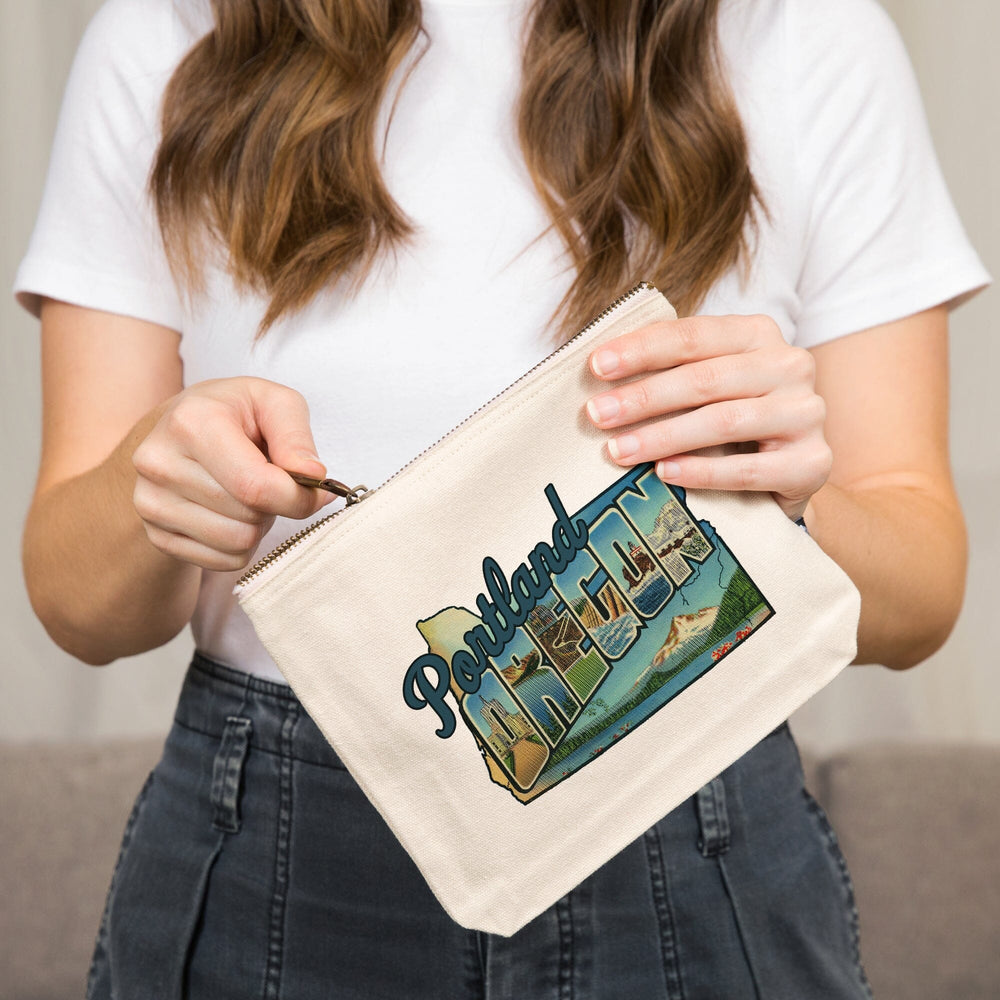 Portland, Oregon, Oregon Greetings Large Letters, , Vintage Artwork, Organic Cotton Zipper Pouch, Go Bag Go Bag Lantern Press 