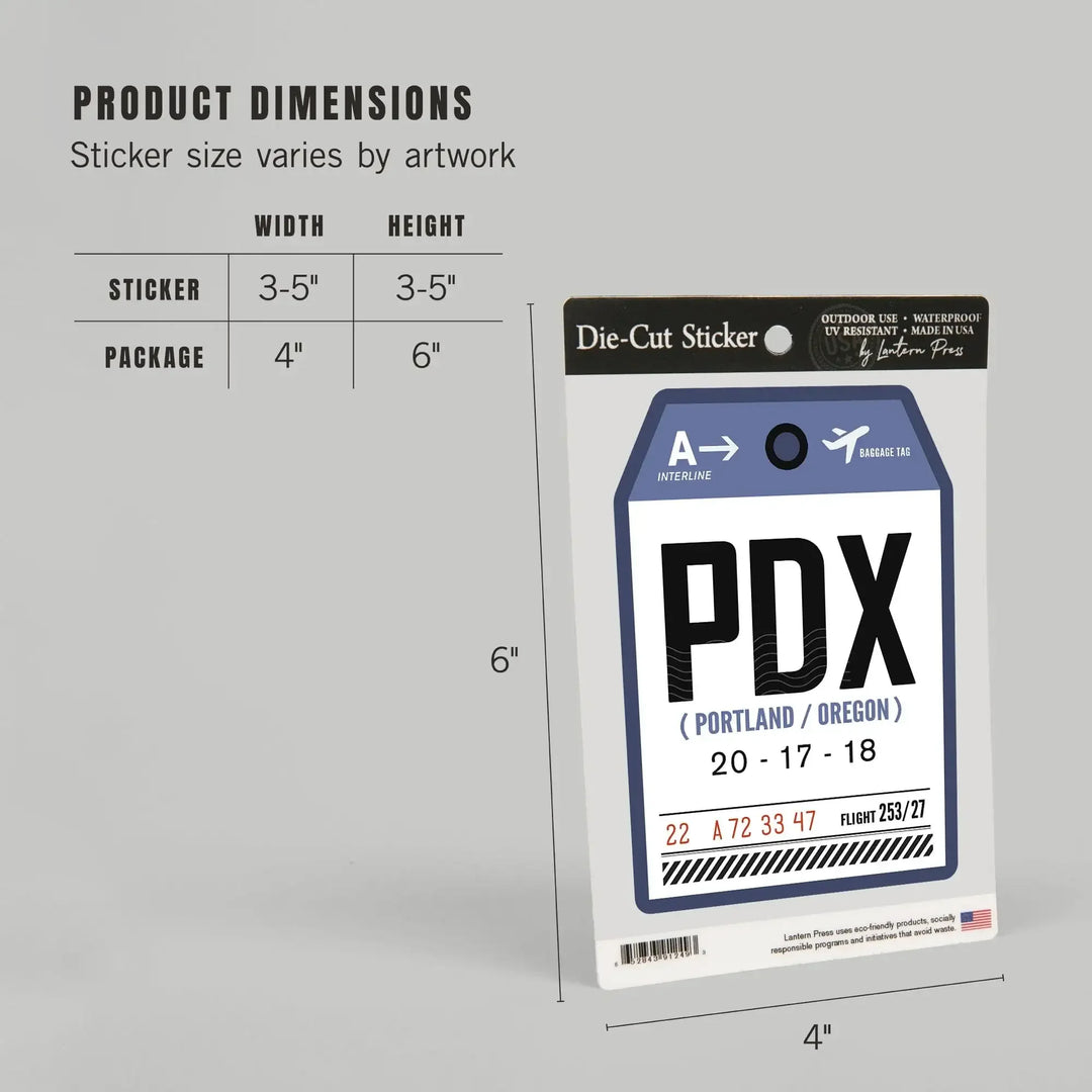Portland, Oregon, PDX, Luggage Tag, Contour, Vinyl Sticker Sticker Lantern Press 