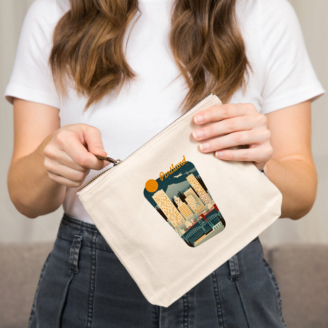 Portland, Oregon, Retro Skyline, , Borderless, Organic Cotton Zipper Pouch, Go Bag Go Bag Lantern Press 