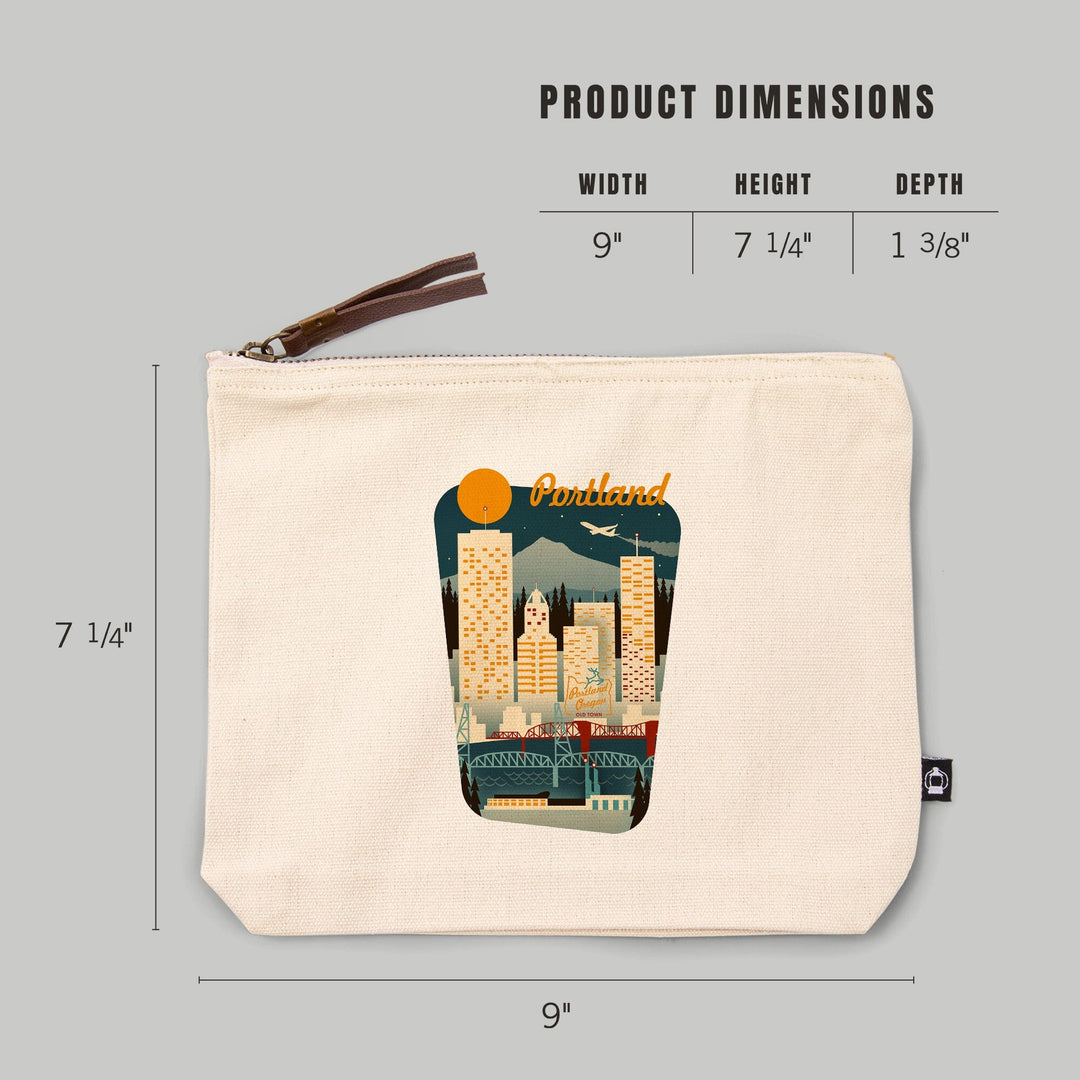 Portland, Oregon, Retro Skyline, , Borderless, Organic Cotton Zipper Pouch, Go Bag Go Bag Lantern Press 