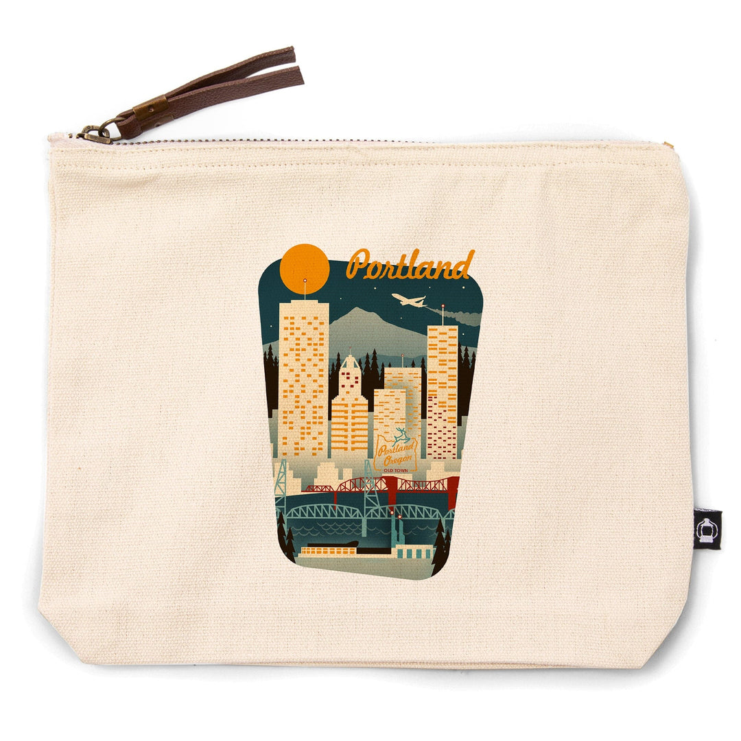 Portland, Oregon, Retro Skyline, , Borderless, Organic Cotton Zipper Pouch, Go Bag Go Bag Lantern Press 