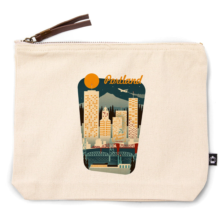 Portland, Oregon, Retro Skyline, , Borderless, Organic Cotton Zipper Pouch, Go Bag Go Bag Lantern Press 
