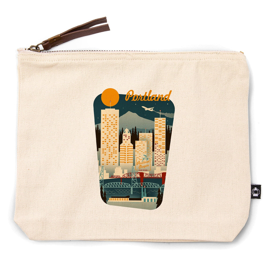 Portland, Oregon, Retro Skyline, , Borderless, Organic Cotton Zipper Pouch, Go Bag Go Bag Lantern Press 
