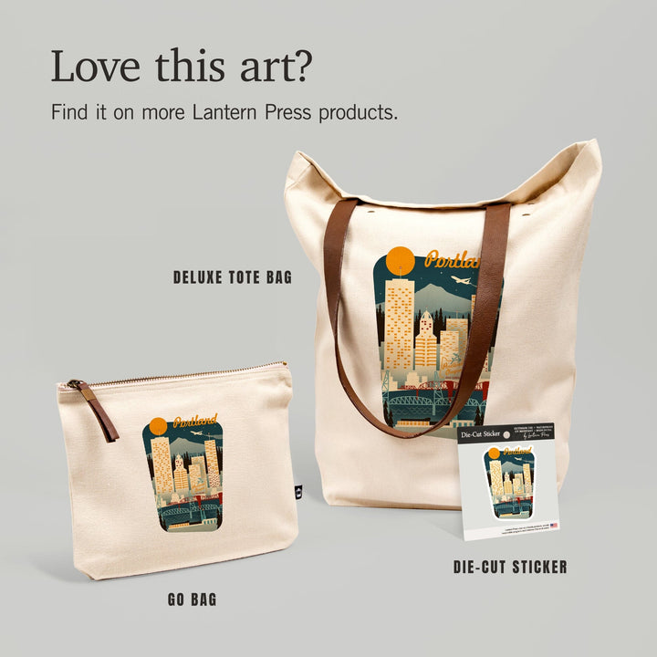 Portland, Oregon, Retro Skyline, , Borderless, Organic Cotton Zipper Pouch, Go Bag Go Bag Lantern Press 