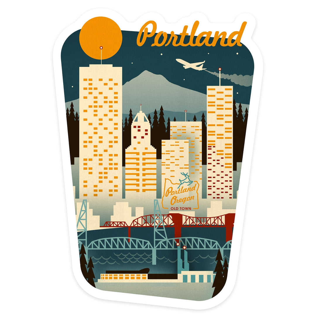 Portland, Oregon, Retro Skyline, Contour, Borderless, Lantern Press Artwork, Vinyl Sticker Sticker Lantern Press 