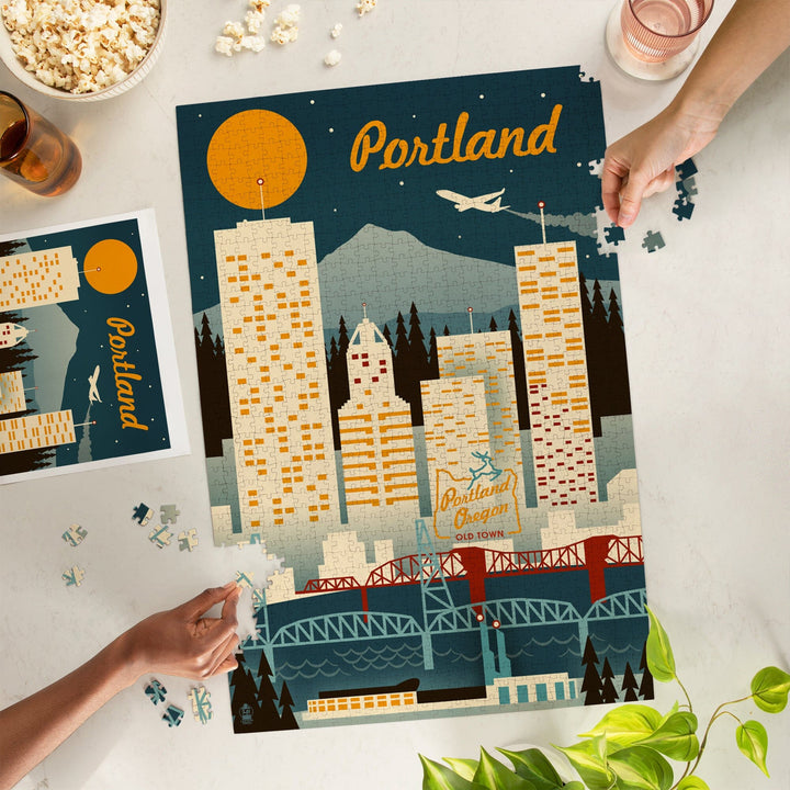 Portland, Oregon, Retro Skyline, Jigsaw Puzzle Puzzle Lantern Press 