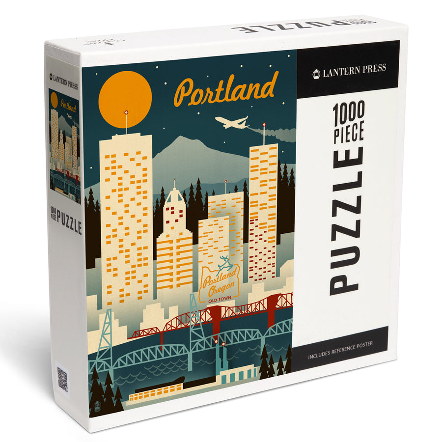 Portland, Oregon, Retro Skyline, Jigsaw Puzzle Puzzle Lantern Press 