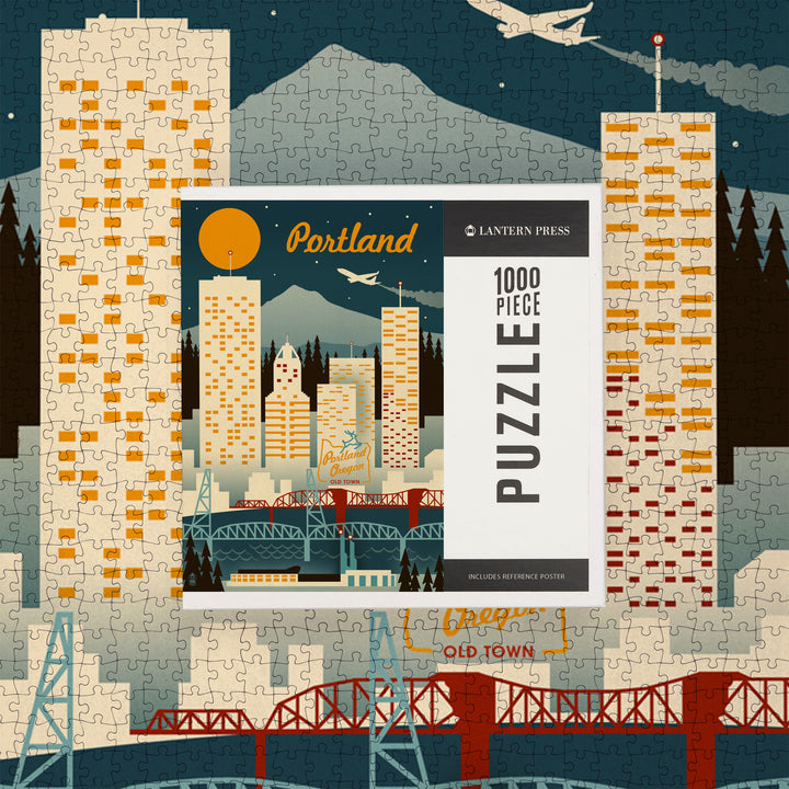 Portland, Oregon, Retro Skyline, Jigsaw Puzzle Puzzle Lantern Press 