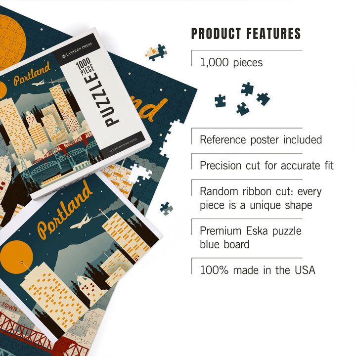 Portland, Oregon, Retro Skyline, Jigsaw Puzzle Puzzle Lantern Press 