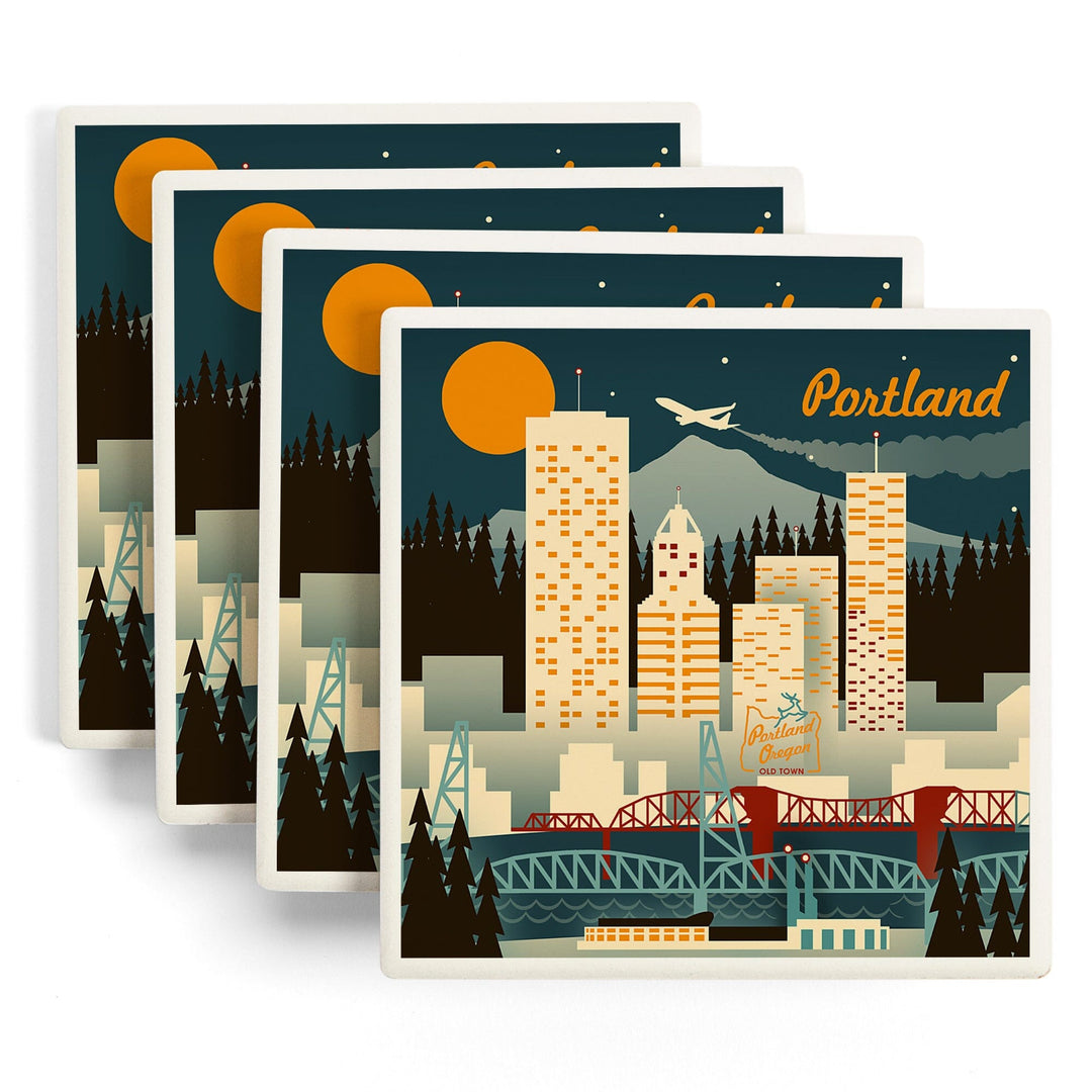 Portland, Oregon, Retro Skyline, Lantern Press Artwork, Coaster Set Coasters Lantern Press 