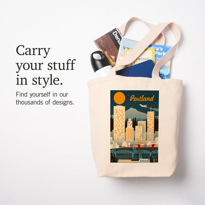 Portland, Oregon, Retro Skyline, Lantern Press Artwork, Tote Bag Totes Lantern Press 