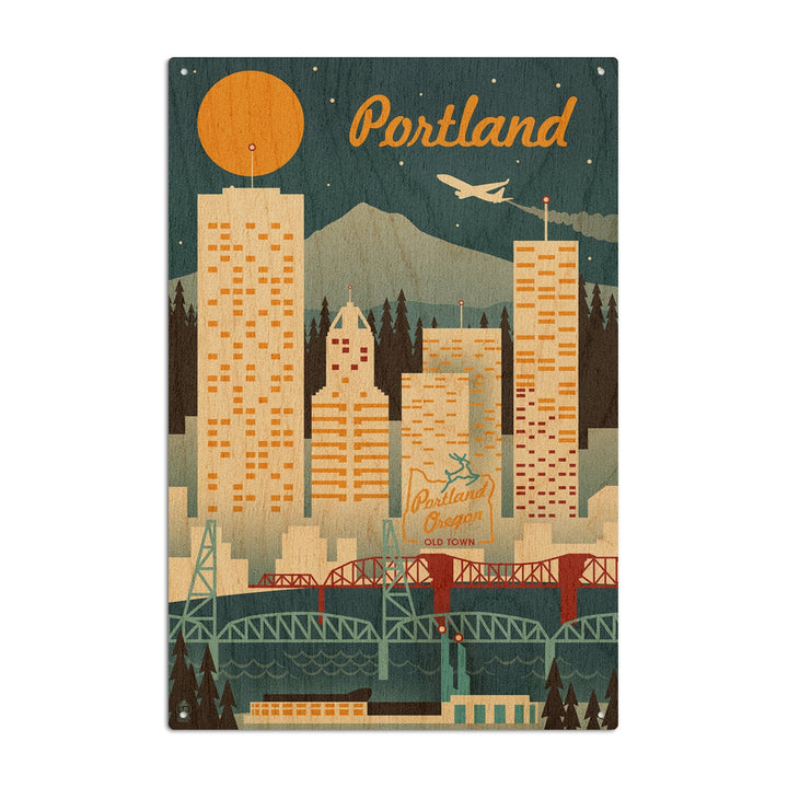 Portland, Oregon, Retro Skyline, Lantern Press Artwork, Wood Signs and Postcards Wood Lantern Press 10 x 15 Wood Sign 