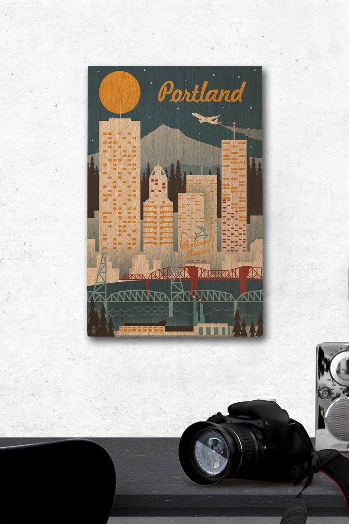Portland, Oregon, Retro Skyline, Lantern Press Artwork, Wood Signs and Postcards Wood Lantern Press 12 x 18 Wood Gallery Print 