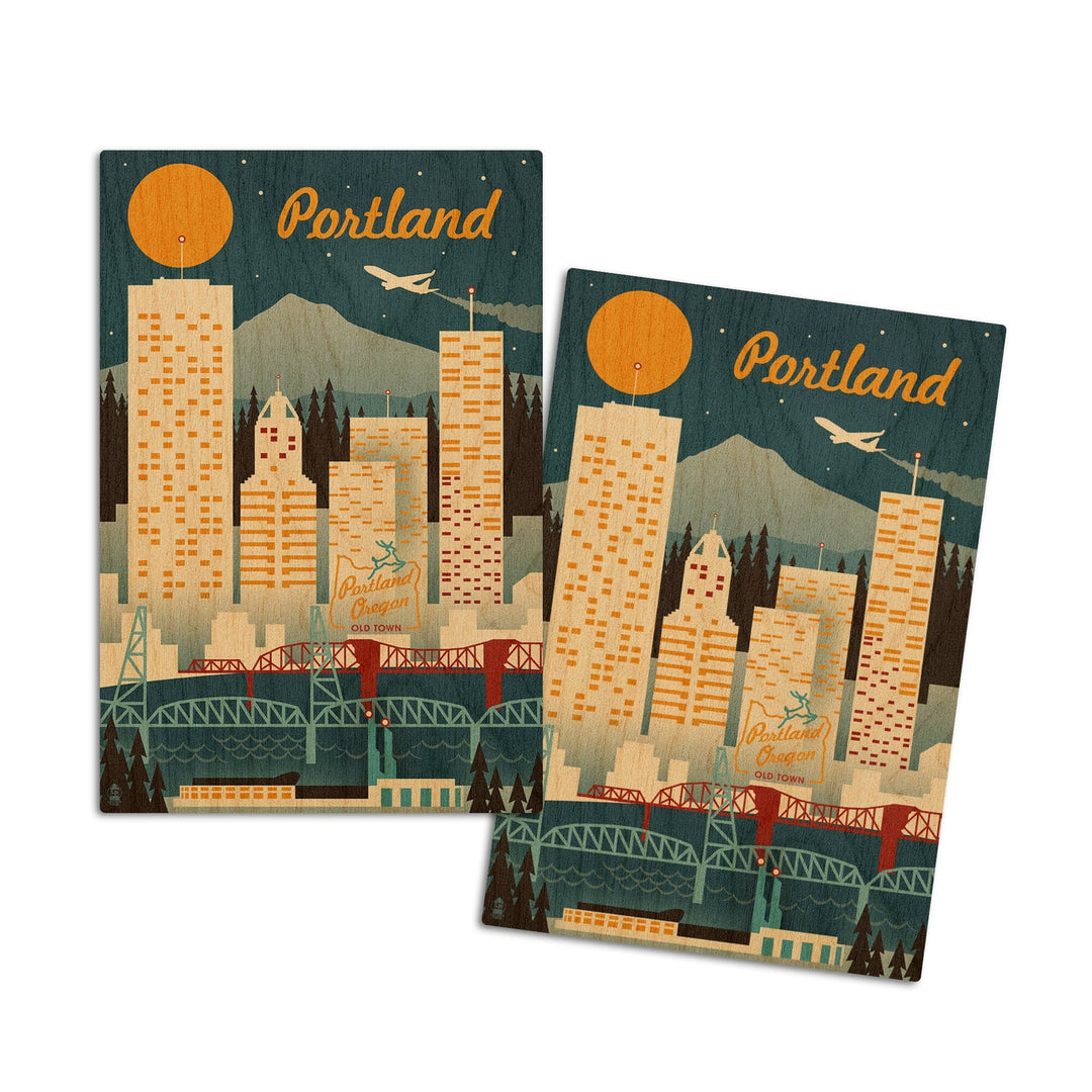 Portland, Oregon, Retro Skyline, Lantern Press Artwork, Wood Signs and Postcards Wood Lantern Press 4x6 Wood Postcard Set 
