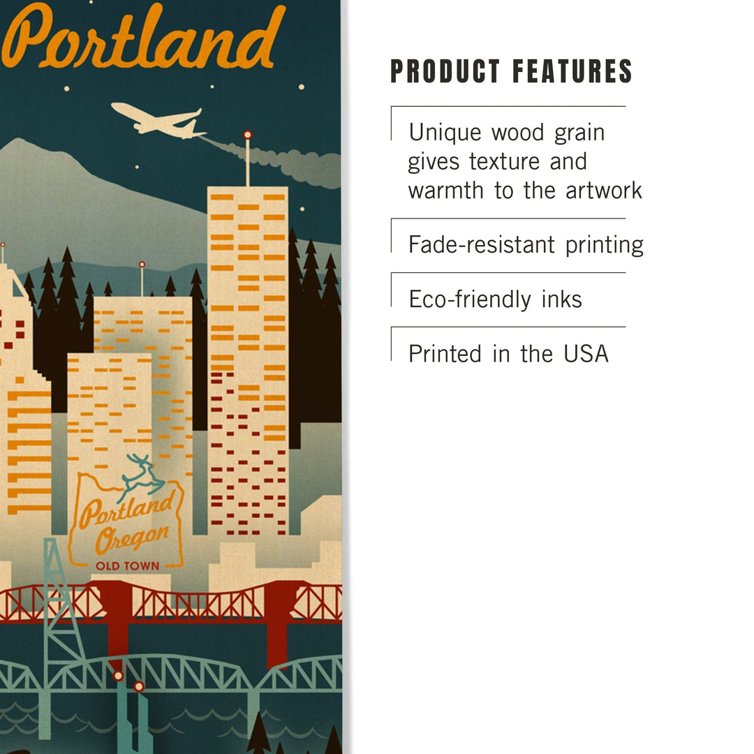 Portland, Oregon, Retro Skyline, Lantern Press Artwork, Wood Signs and Postcards Wood Lantern Press 
