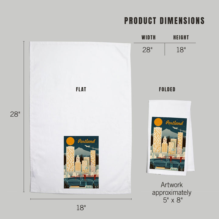 Portland, Oregon, Retro Skyline, Organic Cotton Kitchen Tea Towels Kitchen Lantern Press 
