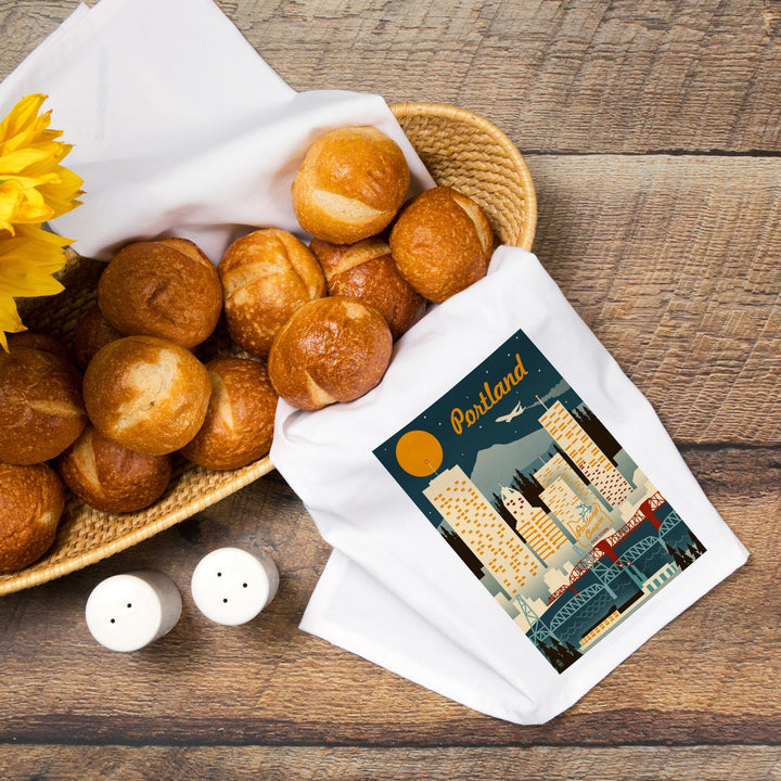 Portland, Oregon, Retro Skyline, Organic Cotton Kitchen Tea Towels Kitchen Lantern Press 