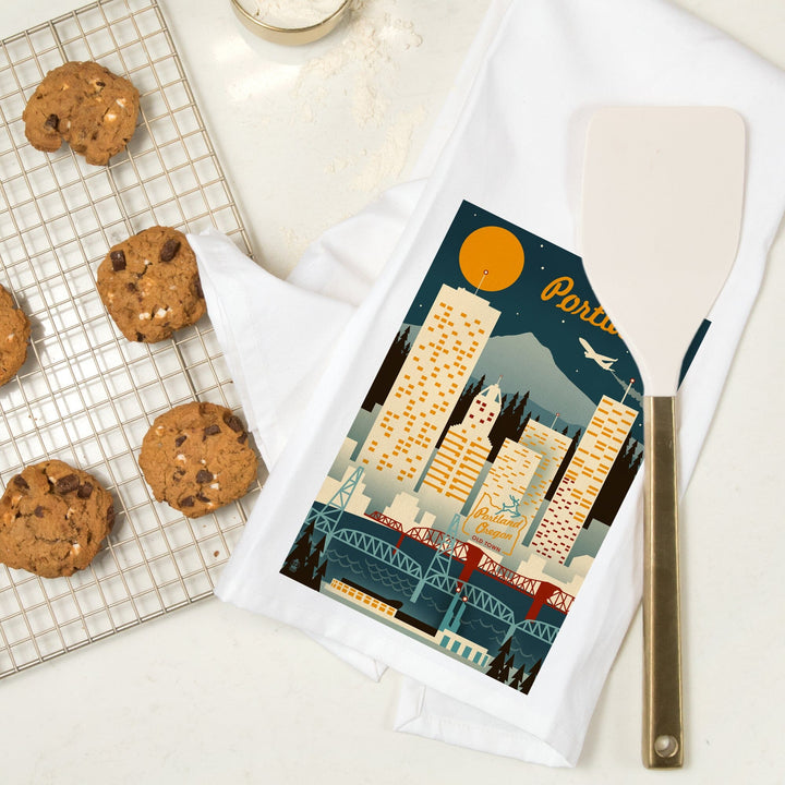Portland, Oregon, Retro Skyline, Organic Cotton Kitchen Tea Towels Kitchen Lantern Press 