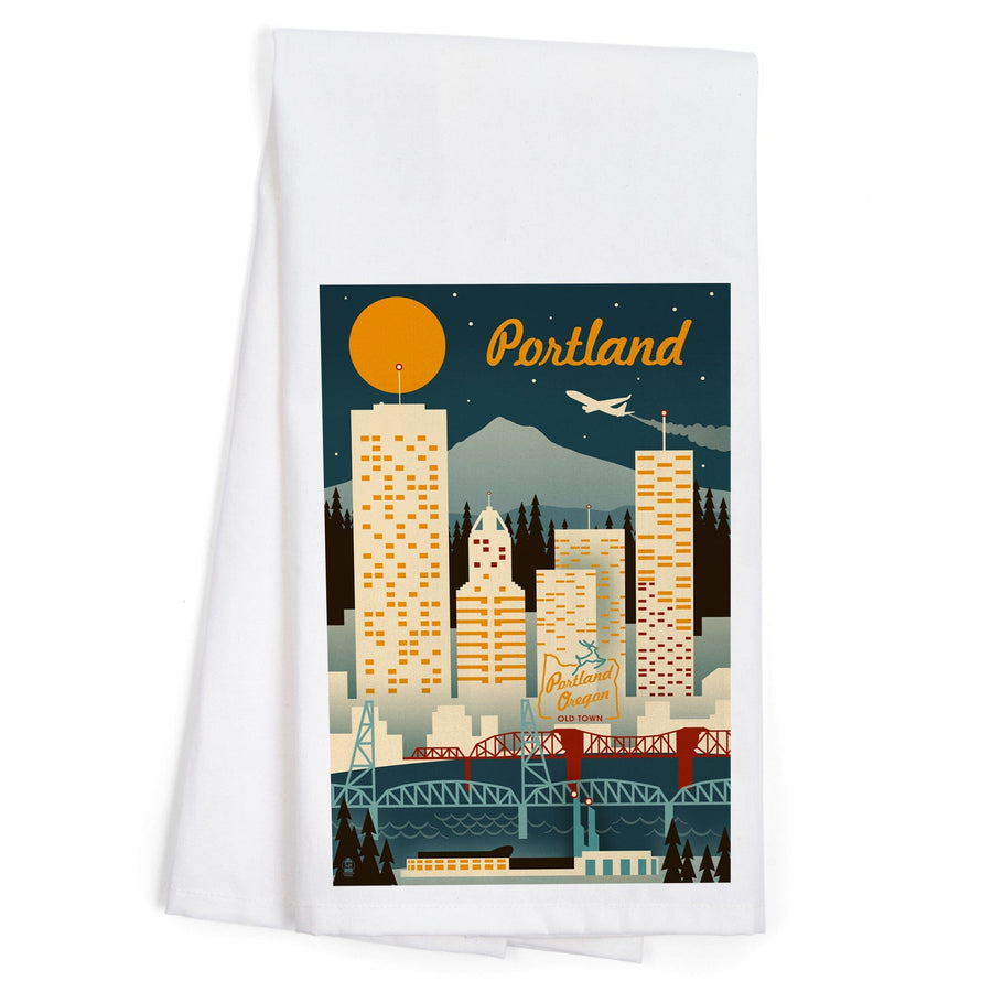 Portland, Oregon, Retro Skyline, Organic Cotton Kitchen Tea Towels Kitchen Lantern Press 