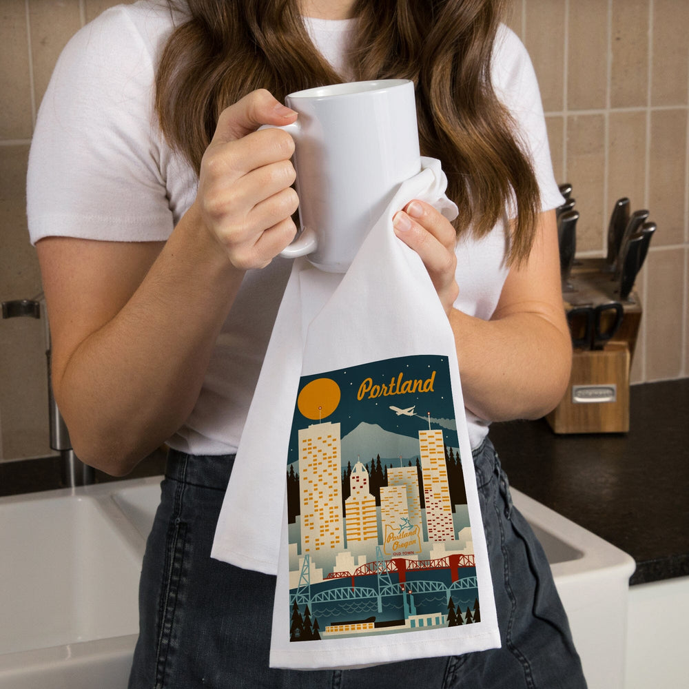 Portland, Oregon, Retro Skyline, Organic Cotton Kitchen Tea Towels Kitchen Lantern Press 