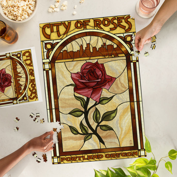 Portland, Oregon, Rose and Skyline Stained Glass, Jigsaw Puzzle Puzzle Lantern Press 