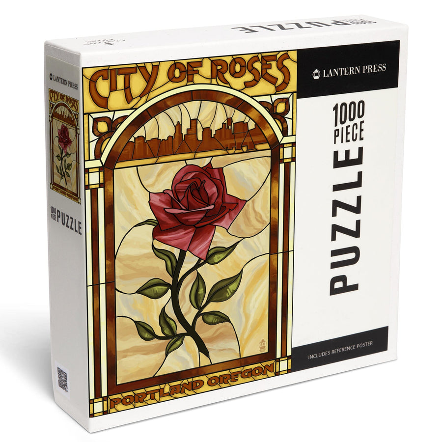 Portland, Oregon, Rose and Skyline Stained Glass, Jigsaw Puzzle Puzzle Lantern Press 