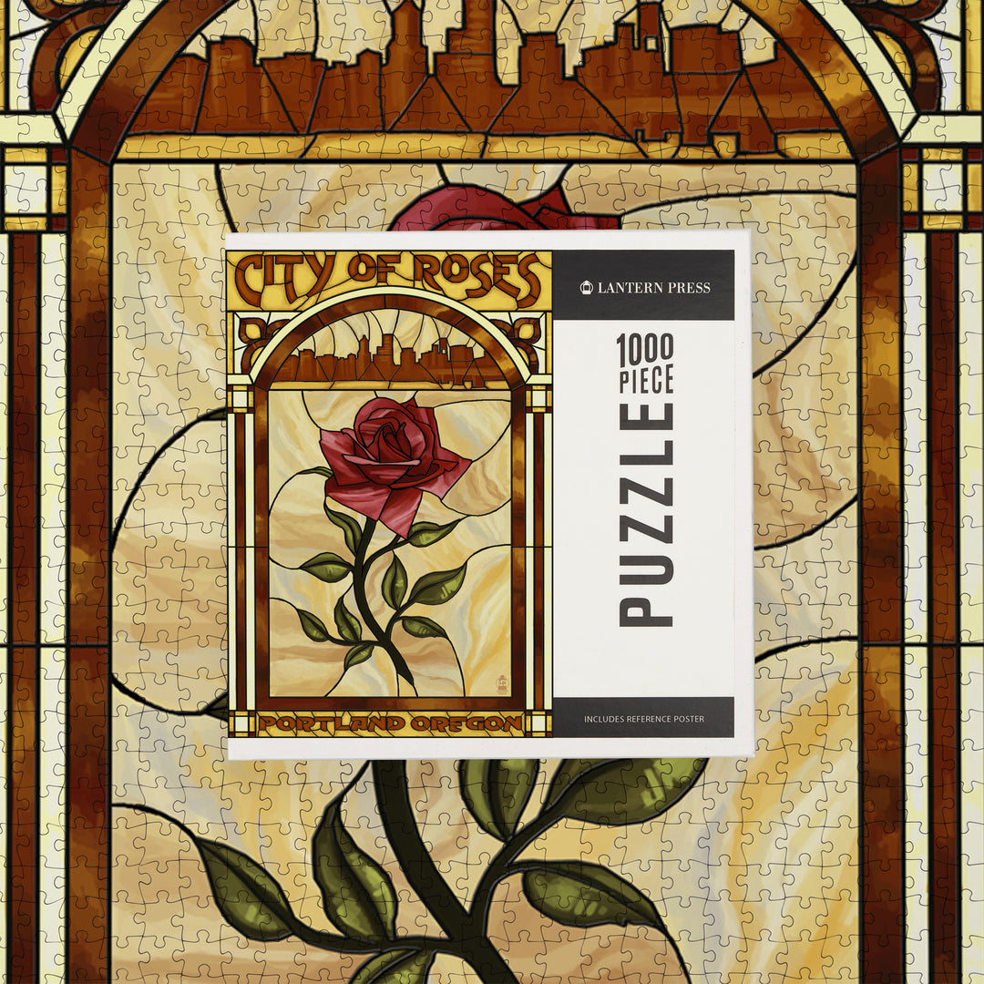 Portland, Oregon, Rose and Skyline Stained Glass, Jigsaw Puzzle Puzzle Lantern Press 