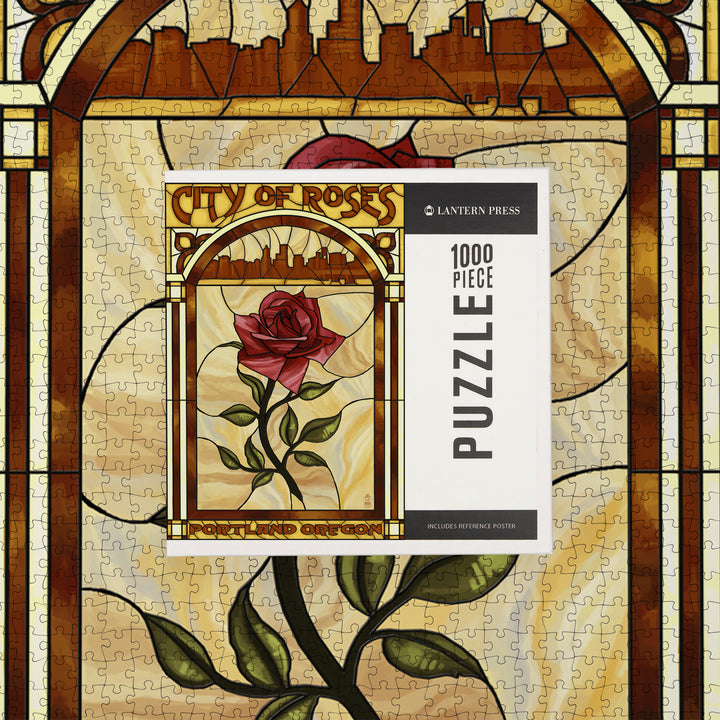 Portland, Oregon, Rose and Skyline Stained Glass, Jigsaw Puzzle Puzzle Lantern Press 