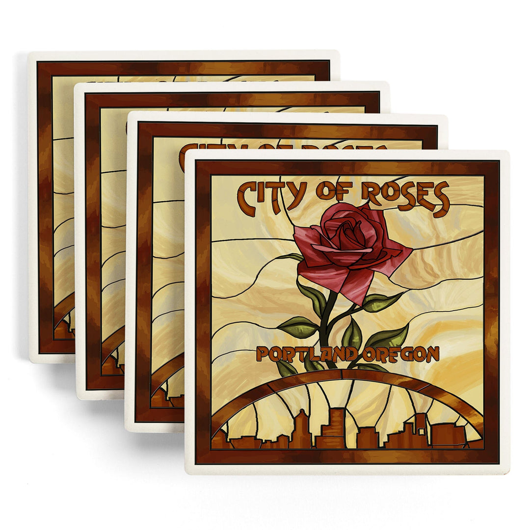 Portland, Oregon, Rose and Skyline Stained Glass, Lantern Press Artwork, Coaster Set Coasters Lantern Press 