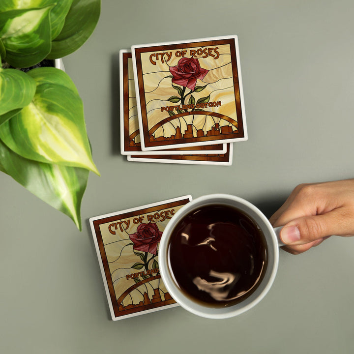 Portland, Oregon, Rose and Skyline Stained Glass, Lantern Press Artwork, Coaster Set Coasters Lantern Press 