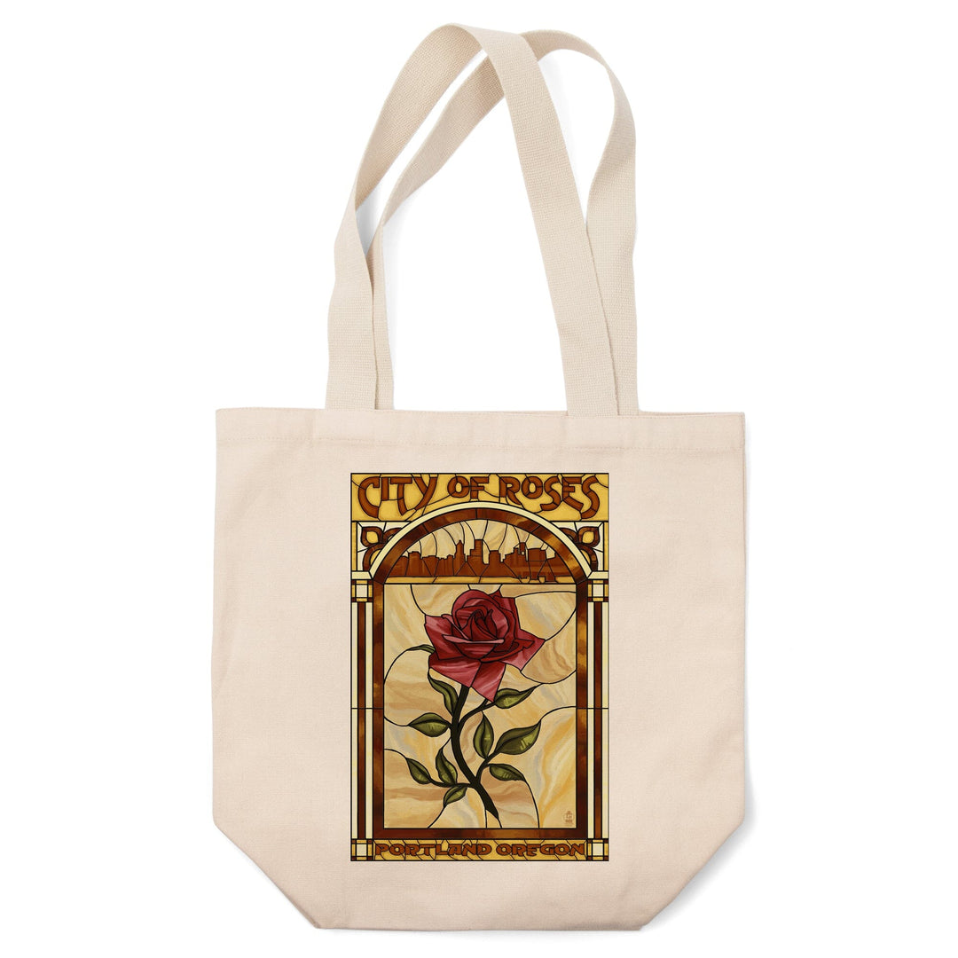 Portland, Oregon, Rose and Skyline Stained Glass, Tote Bag Totes Lantern Press 