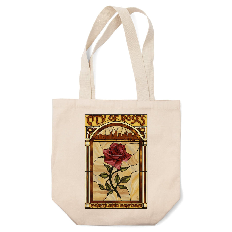 Portland, Oregon, Rose and Skyline Stained Glass, Tote Bag Totes Lantern Press 