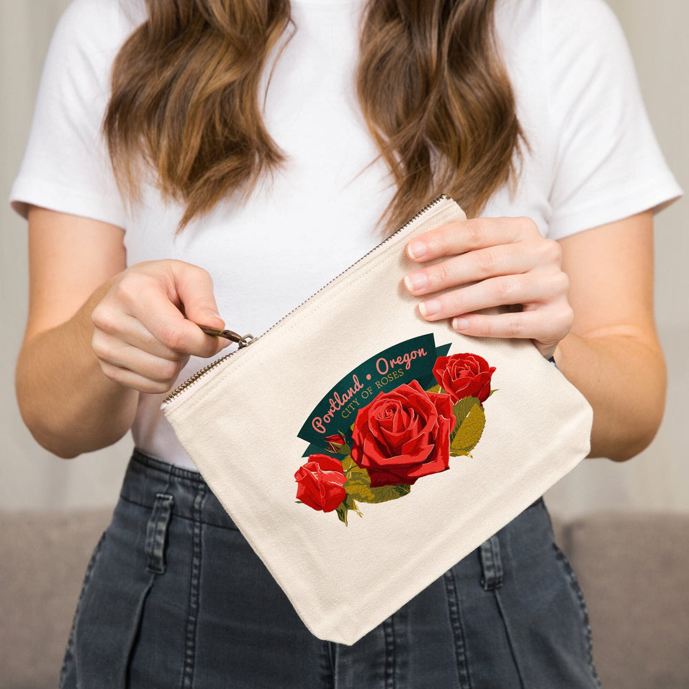 Portland, Oregon, Rose, Letterpress,, Organic Cotton Zipper Pouch, Go Bag Go Bag Lantern Press 