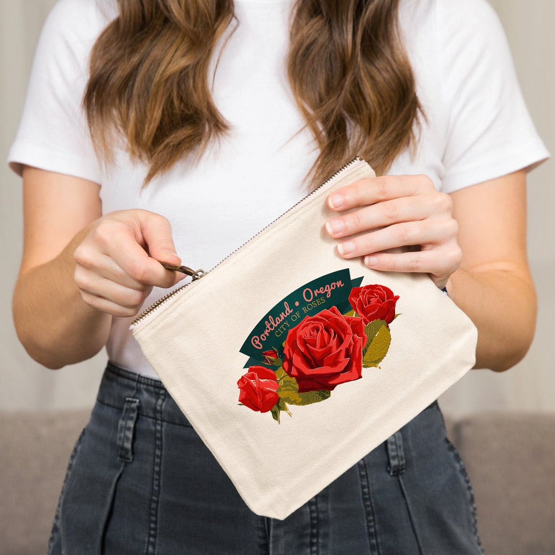 Portland, Oregon, Rose, Letterpress,, Organic Cotton Zipper Pouch, Go Bag Go Bag Lantern Press 