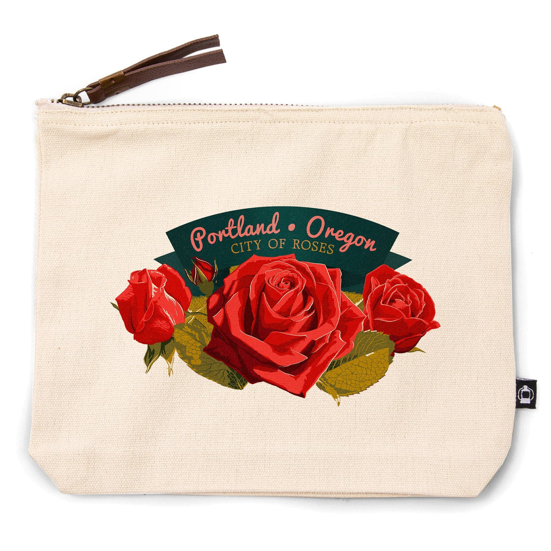 Portland, Oregon, Rose, Letterpress,, Organic Cotton Zipper Pouch, Go Bag Go Bag Lantern Press 