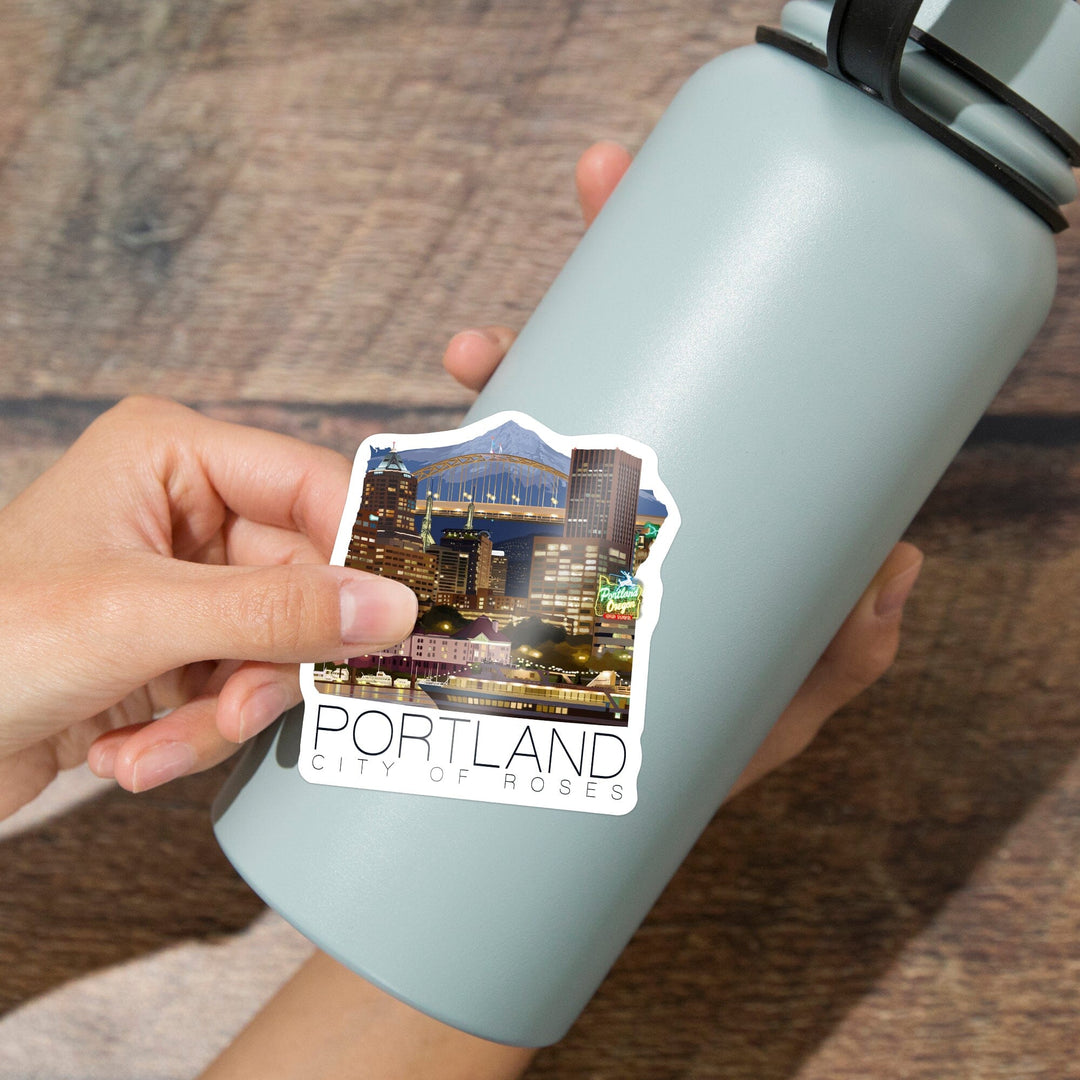 Portland, Oregon, Skyline at Night, Contour, Vinyl Sticker Sticker Lantern Press 