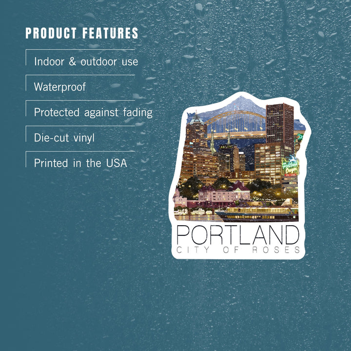 Portland, Oregon, Skyline at Night, Contour, Vinyl Sticker Sticker Lantern Press 