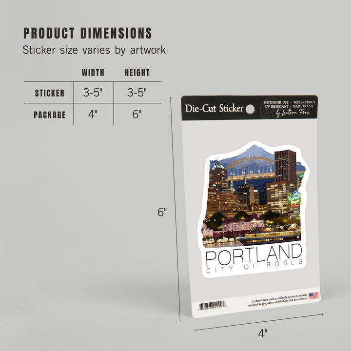 Portland, Oregon, Skyline at Night, Contour, Vinyl Sticker Sticker Lantern Press 