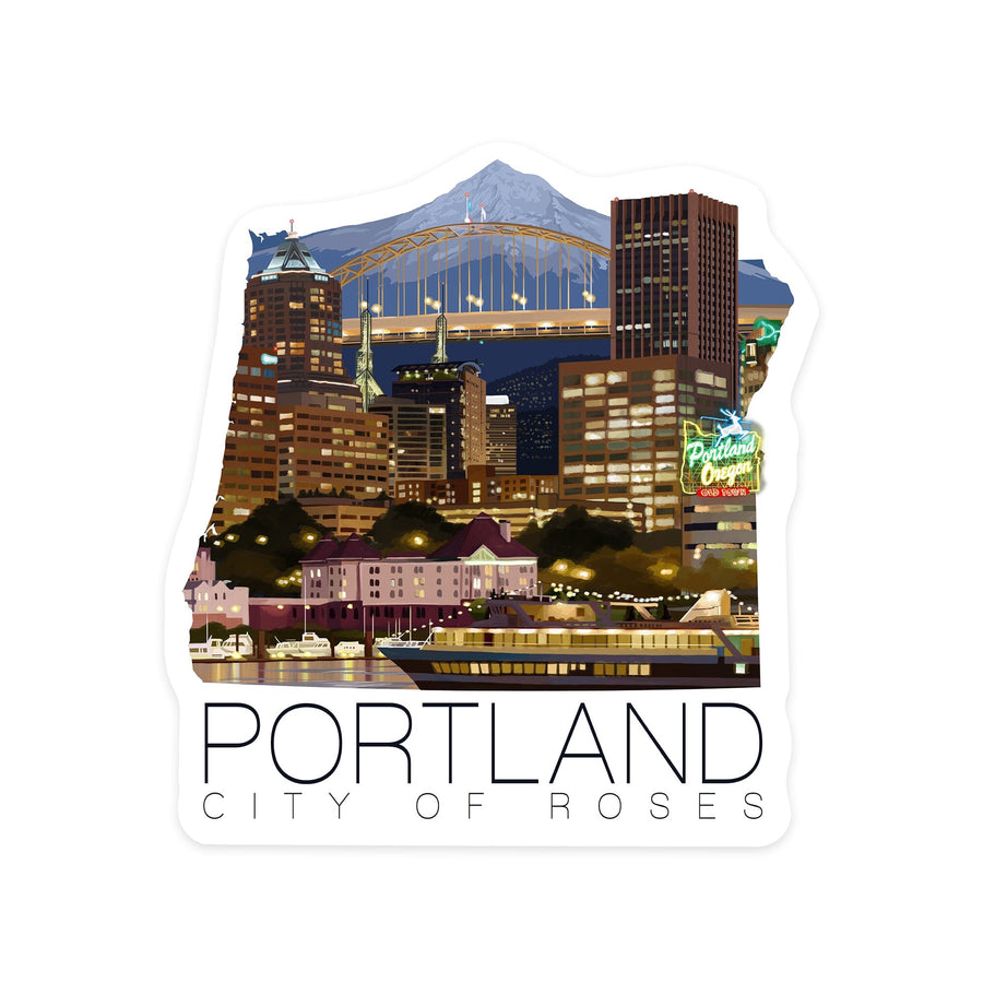 Portland, Oregon, Skyline at Night, Contour, Vinyl Sticker Sticker Lantern Press 