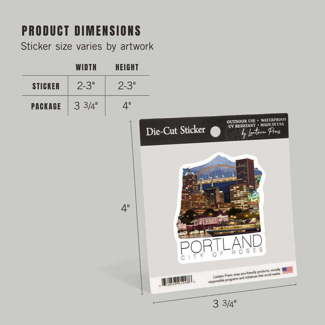 Portland, Oregon, Skyline at Night, Contour, Vinyl Sticker Sticker Lantern Press 