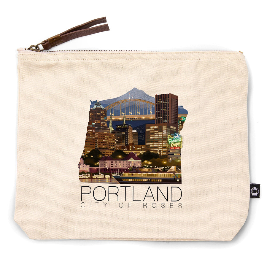 Portland, Oregon, Skyline at Night,, Organic Cotton Zipper Pouch, Go Bag Go Bag Lantern Press 