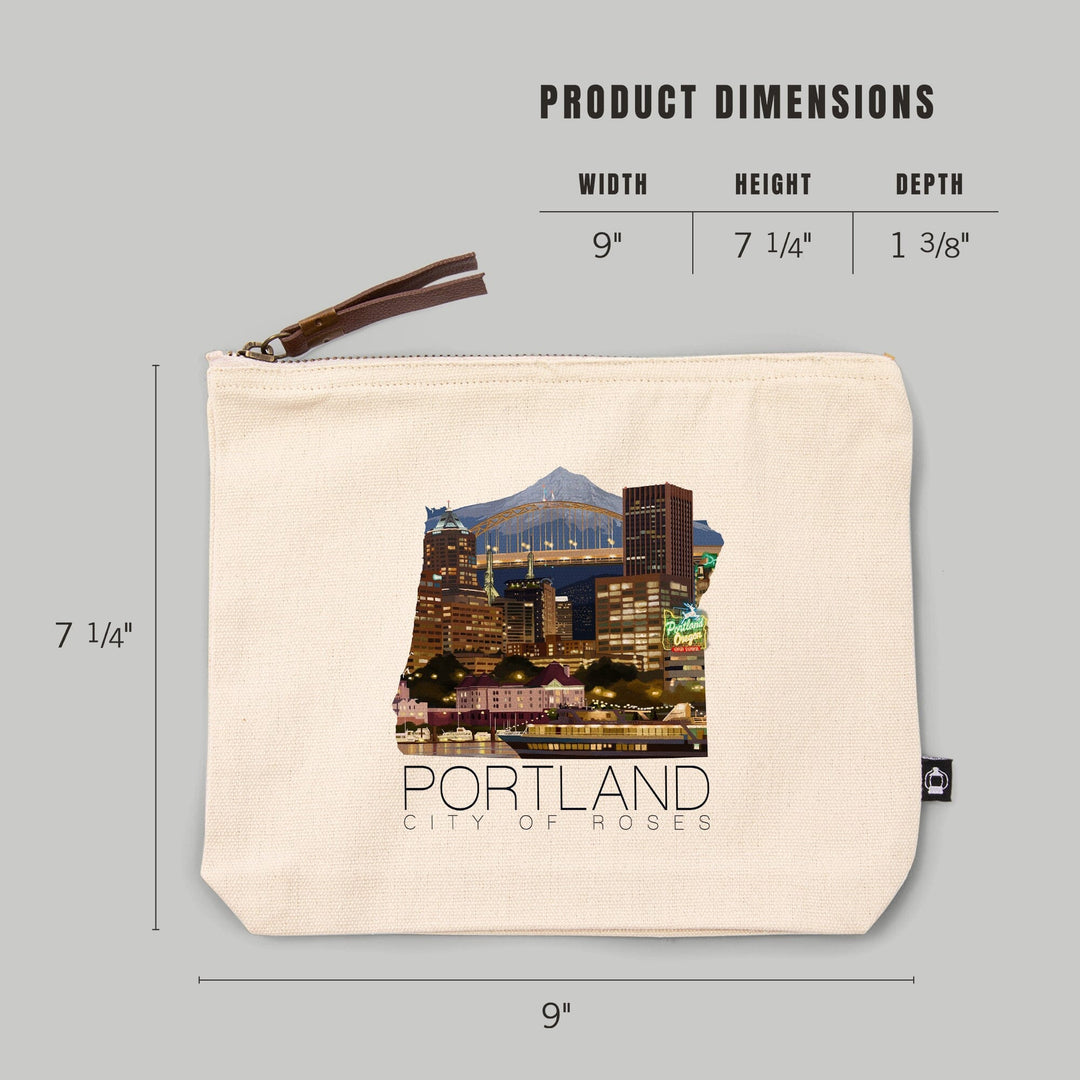 Portland, Oregon, Skyline at Night,, Organic Cotton Zipper Pouch, Go Bag Go Bag Lantern Press 