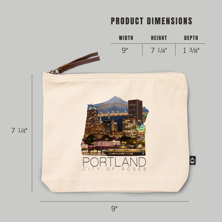 Portland, Oregon, Skyline at Night,, Organic Cotton Zipper Pouch, Go Bag Go Bag Lantern Press 