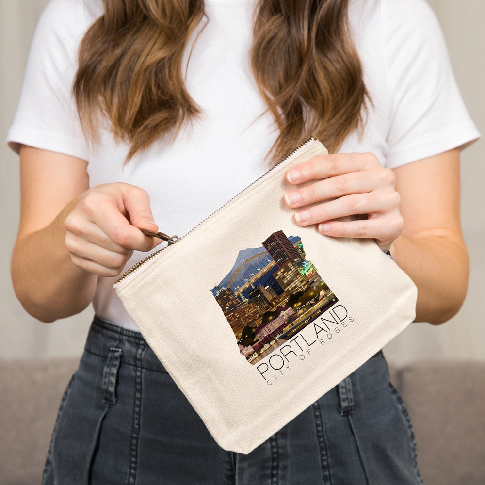 Portland, Oregon, Skyline at Night,, Organic Cotton Zipper Pouch, Go Bag Go Bag Lantern Press 